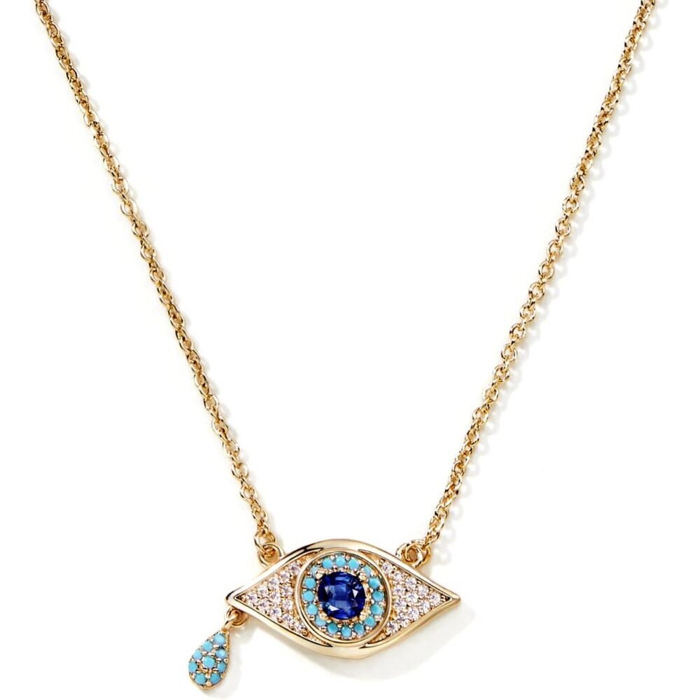 Elegant 18k Gold Plated Evil Eye Necklace with Turquoise & CZ Pendant, 16.1" + 1